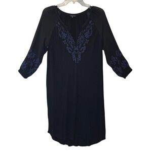 Lucky Brand Dress Medium Black Embroidered V Neck Boho Romantic Resort Wear Chic